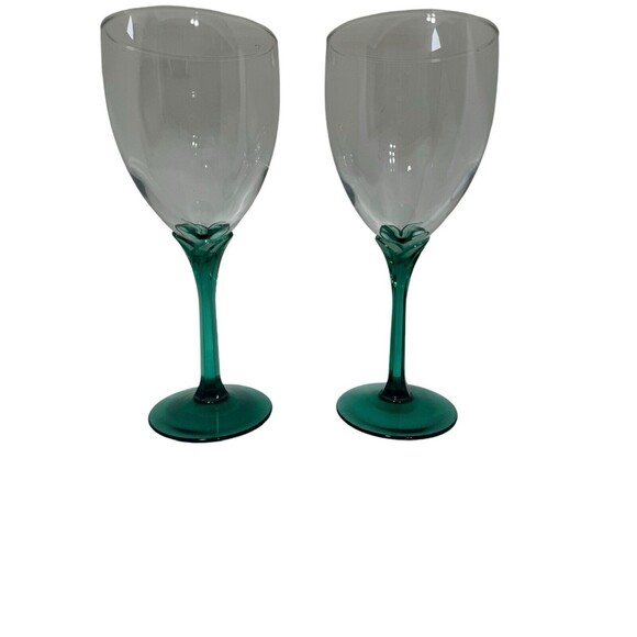 Libbey Domaine Juniper Green Stemware Wine Water Mid-Century Modern- Pair- 8”